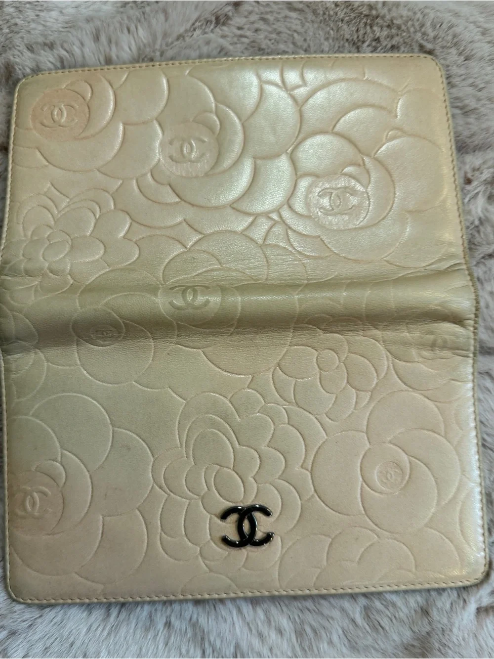 CHANEL Beige Camellia Embossed Leather Wallet with Gold CC